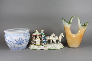 A pottery figure group of a horse and carriage 12", an Art glass  vase 10", 2 Chinese blue and white jardinieres 8", a collection of  bells and other decorative ceramics