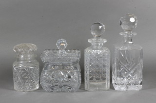 A square glass biscuit barrel 5", do. pickle jar and 2 spirit decanters and stoppers