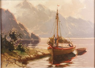 Jan B Pospisil, 20th Century Swedish School, oil on canvas,  study of a sailing boat dropping its sails amongst a mountainous  lake scene, signed 9"h x 12.5"w  ILLUSTRATED