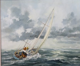 Roy Adams, 20th Century British School, oil on board "Close  Pool Off The Mariner", a study of a ketch in heavy seas off  Brighton Marine, signed, 24.5"h x 29.5"w
