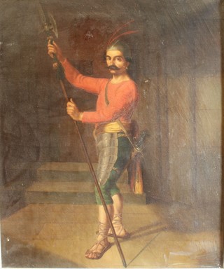 A Beauvais, late 19th Century Continental School, oil on canvas, a full length figural study of a Turkish soldier with pike and  sword within an entrance, signed and dated 1896, 21"h x 17.5"w   ILLUSTRATED