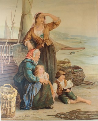 James Drummond, British 1816-1877, watercolour on paper,  study of fisherfolk awaiting the catch, signed, 22.5"h x 18"w   ILLUSTRATED