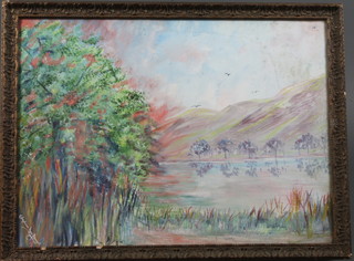 Coulquhon MacDougall, 20th Century British School,  watercolour and gouache on paper, an impressionist mountainous  loch scene with trees in foreground, signed , 21.5"h x 29.5"w