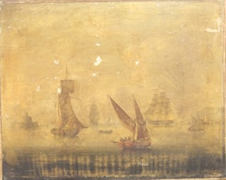 Early 19th Century British School, oil on canvas, study of Men  of War with rowing boats in foreground, unsigned, re-lined,  14"h x 17.5"