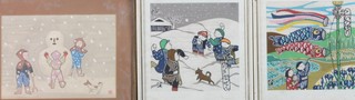 A 20th Century Japanese School coloured print of children  making a snowman, signed, 7.5"h x 10.25", together with 2 Japanese watercolours on linen studies of children at play 8" x 8"