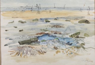 Gillian E Carr?, watercolour and ink on paper, an impressionist beach scene with rock pools in the foreground, signed and dated  September 1967, 13.5"h x 19.5"w
