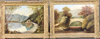 2 20th Century oil paintings on canvas, landscape studies of a pastoral bridge and lake scene, monogrammed BJ 11.5"h x  15.25w
