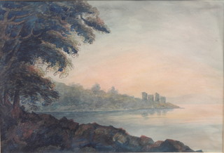 Admiral Sir Joseph Sidney Yorke, British 1763-1831,  watercolour, a landscape study of ruins on a wooded headland,  9.75"h x 14.25"w