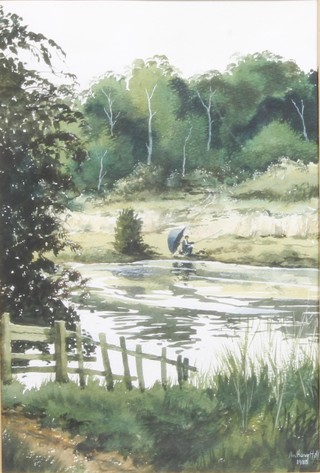 Anthony Hill, ARIBA, ASAI, 20th Century British School, watercolour on paper "Sunday Fishing", a study of a fly  fisherman on a wooded river bank, signed and dated 1988, 12"h  x 8.25"