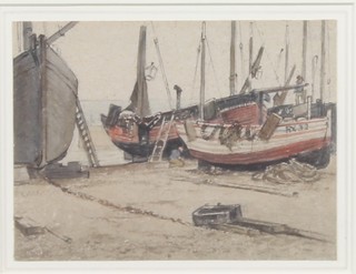 Edward Lesley Badham, 1873-1944, watercolour on paper, study  of beached Hastings fishing boats, bears inscription to verso,  unsigned 5"h x 6.75"w