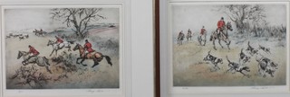Henry Wilkinson, RE, ARCA, 2 limited edition coloured  engravings, fox hunting scenes within rural settings, signed in  pencil, numbered 66/130 and 48/200 9.5"h x 13.25"w