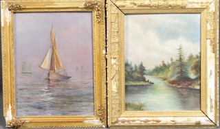 An early 20th Century School, oil on card, study of a fishing  boat under sail, unsigned, 8"h x 6"w, together with companion  piece oil on card, study of a wooded river scape 8"h x 6"w