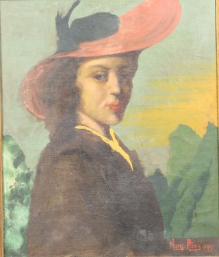 A late 19th Century School style oil on canvas, head and shoulder portrait of a young woman within a mountainous  landscape, indistinctly signed and dated 23"h x 19.5"w