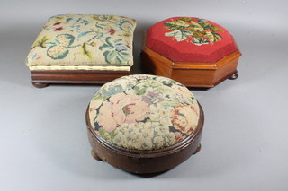 3 19th Century footstools including an octagonal walnut and foliate wool work example and 2 others 12"w