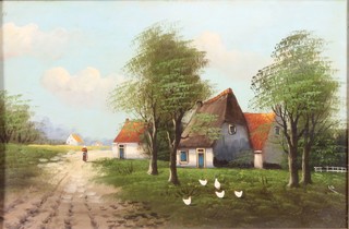 20th Century Dutch School, oil on board, study of a rural farmstead with figures and chickens in foreground, unsigned,  15"h x 23"w