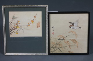 Long Chiang Shen Shi, 19th Century Japanese School, a coloured print, study of a Jasmine tree in flower 6.25"h x 7.25"w together  with a Japanese watercolour on silk, study of a song bird in  flight, 10"h x 9"w and 1 other modern print of a stork 23"h x  14"w
