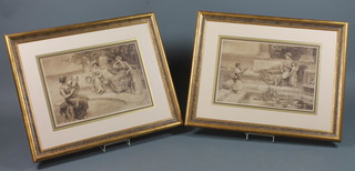 After Sidney F Muschamp, 1870-1829, 2 sepia lithographic  prints, studies of Romanesque women and children on Mediterranean terraces 13.5"h x 20"w