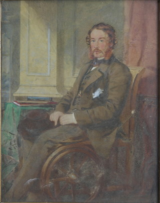 Late 19th Century School, watercolour and bodycolour on paper,  a full length portrait of a gentleman wearing a brown suit and  resting in a wheel chair, bears inscription to verso, unsigned,  9.5"h x 7.5"w
