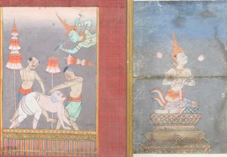 A late 18th/early 19th Century Burmese? watercolour on silk, study of a seated deity together with a companion piece of a man  receiving torture 10.5"h x 6.5"w