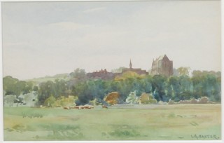 Lesley Robert Baxter, early 20th Century British School, watercolour on paper, rural landscape of Lancing, with Lancing College and Chapel in distance, signed, 5.5"h x 9"w
