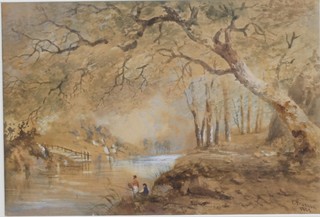 C Pearson, mid 19th Century British School, watercolour on  paper, study of fisherman amongst a wooded river scape, signed  and dated 1853 8.75"h x 13"w