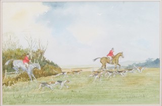 Herbert H Greenwood, 20th Century watercolour on paper "Gone  Away" a hunting scene of hounds and figures on horseback,  signed 8"h x 12.5"w
