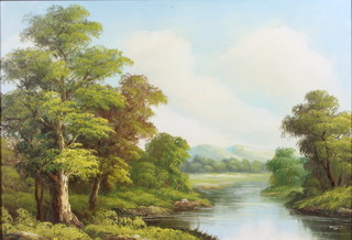 G A Day, 20th Century School, oil on board, rural wooded  landscape with river in foreground, signed, 24"h x 35"