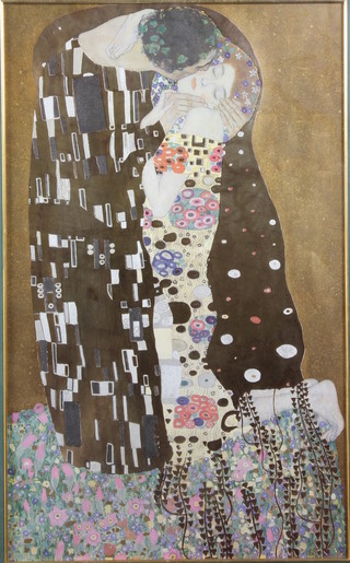 After Gustav Klimt, a screen print "The Kiss" within a giltwood frame, 32"h x 19.5"w