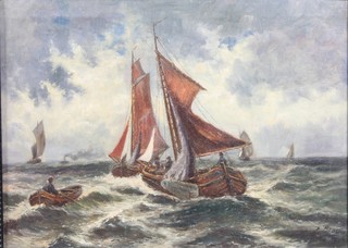 John Brosens, early 20th Century School, oil on canvas, a study  of sailing barges in high seas, signed and dated 1927 15.5" x  21"w