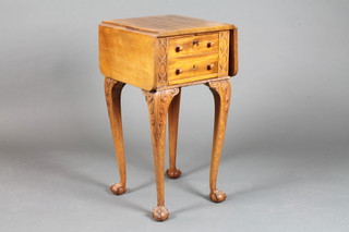 A Georgian style mahogany drop flap work table, raised on  carved cabriole supports 29"h x 16"w x 14"d
