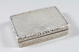A Victorian rectangular engraved silver snuff box with hinged lid  and shield shaped cartouche, Birmingham 1840, 3 ozs