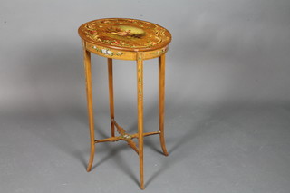 An Edwardian painted satinwood occasional table, the top centred with a romantic landscape depicting a shepherdess within foliate  and scroll reserves, raised on square tapered splayed legs united  by shaped X stretcher 27"h x 16"w x 12"d