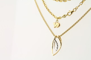 A modern 18ct gold belcher link chain together with 1 other modern 18ct chain hung a pendant set diamonds, 22.5grams