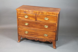 A George III mahogany chest, cross banded, fitted 2 short above  2 graduated long drawers on splayed feet 33.5"h x 37.5"w x  17"d