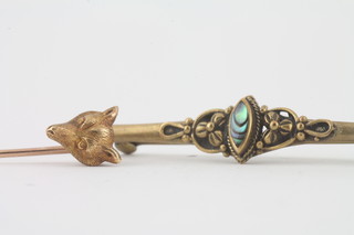 A pair of 9ct gold and enamel cufflinks and an 18ct gold stud, 4  gilt metal stick pins, a 15ct gold stick pin with foxes mask and a  gold bar brooch