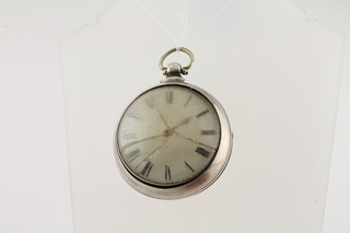 A William IV fusee pair cased pocket watch by John Corke of  Horsted Keynes with enamelled dial and Roman numerals, contained in a silver case and with watch repair paper from J  Parker of Lindfield