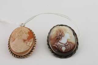 A shell carved cameo portrait brooch/pendant in a 9ct gold mount  and 1 other cameo brooch