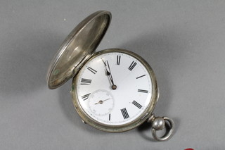 A Continental keywind pocket watch with enamelled dial - cracked, Roman numerals, contained in a silver full hunter case
