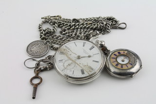A Continental silver open faced fob watch, a silver open faced pocket watch by James Walker of Montrose and 3 watch chains