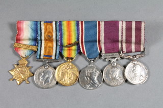 A group of 6 miniature medals comprising 1914 Star with bar,  British War medal, Victory medal MID, George VI Coronation  medal, George V issue Long Service Good Conduct medal,  George V issue Meritorious Service medal