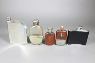 A Victorian etched glass and silver plated hip flask and 4 various  hip flasks