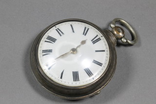 A Victorian silver pair cased pocket watch by D Baker of  Billingshurst with enamelled dial, Roman numerals, set fusee  movement with verge escapement, London 1868 containing  repair labels from W D Baker 54 West Street Horsham and 3  repair labels from J Cramp Henfield & Horsham
