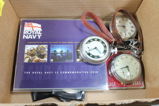 A 2003 silver Royal Naval ?5 coin and other crowns, 3 pocket watches etc