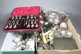 A collection of silver items including cigarette case, vesta case,  napkin ring, 6 coffee spoons, 2 oval salts, pair of sugar tongs, 12  coffee spoons and tongs, cased, 17 ozs, together with a silver  open faced pocket watch etc