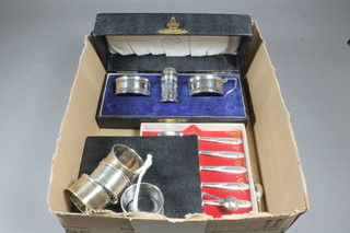 4 silver napkin rings 1 oz, a silver plated 3 piece condiment set - cased and 2 sets of silver teaspoons