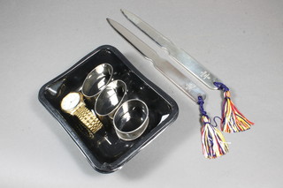 A pair of silver napkin rings and 1 other, 3 ozs, 2 silver plated paper knives and a Citizen wristwatch