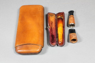 An amber mounted cigar holder, a leather cigar case and 2 cigar holders