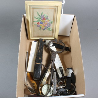 A collection of wristwatches, a pair of sugar cutters and other curios