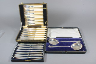 A set of 6 silver plated tea knives, a pair of silver plated serving spoons and a set of 6 silver plated fish knives and forks