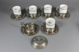 5 pierced Art Nouveau German cup holders with porcelain liners  and 6 saucers, marked 800